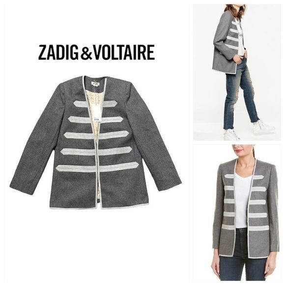 Zadig & Voltaire Ville Grey Military Style Wool Blend Blazer size 36 NWT - Picture 1 of 16